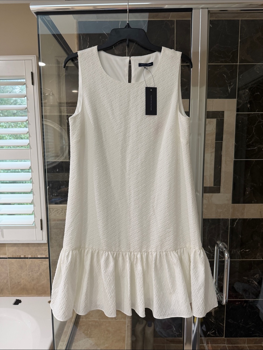 Tommy Hilfiger White Textured Sleeveless Ruffle-Hem Dress